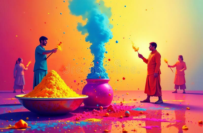 People in splash multicolored holi paint Indian spring festival. AI Generative royalty free stock images