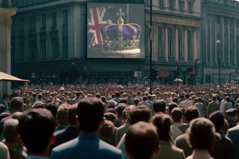 people in the square await the broadcast of the coronation in Britain. Generative AI