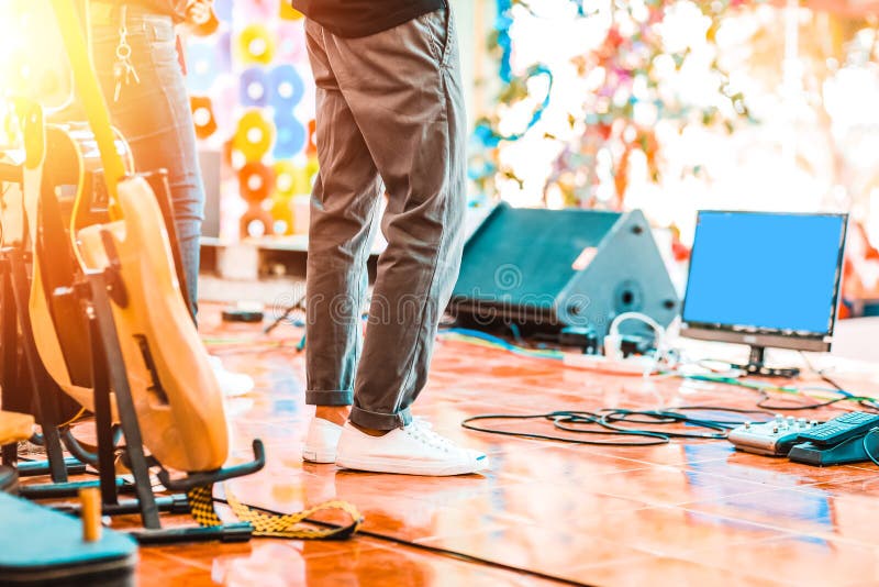 People stand on the music stage at concert stock images People stand on the music stage at concert stock images