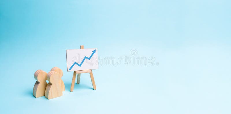 People stand near the canvas with arrow up and reports. Concept of business processes, presentations and staff briefing. Business stock photo People stand near the canvas with arrow up and reports. Concept of business processes, presentations and staff briefing. Business stock photo