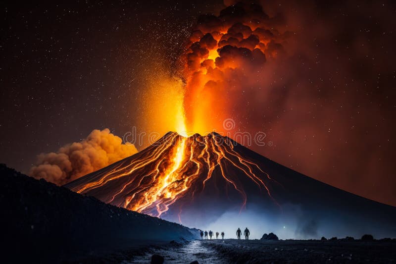 People are Standing in Front of an Erupting Volcano. Generative AI