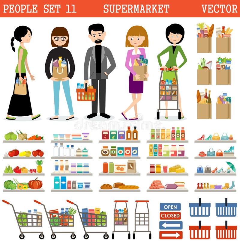 People in a supermarket with purchases vector illustration