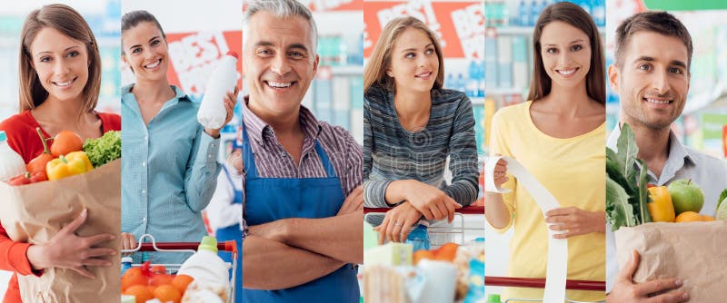 Sobre el mantener, clientes hacer tienda de comestibles compras a oficiales, una foto.