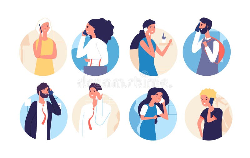 People talking phone. Person, family calling by telephone. Communication and conversation with smartphone vector cartoon