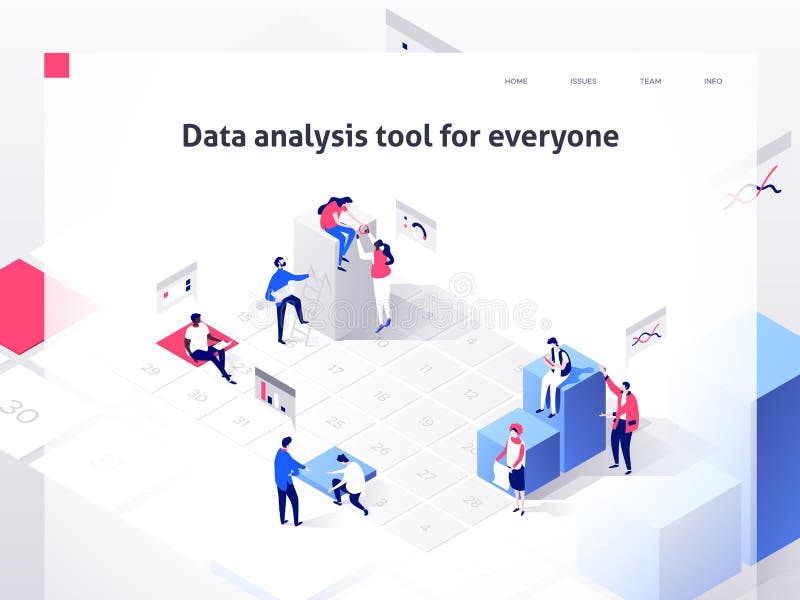 People in a team build a time schedule and interact with graphs. Landing page template. 3d isometric illustration vector illustration People in a team build a time schedule and interact with graphs. Landing page template. 3d isometric illustration vector illustration