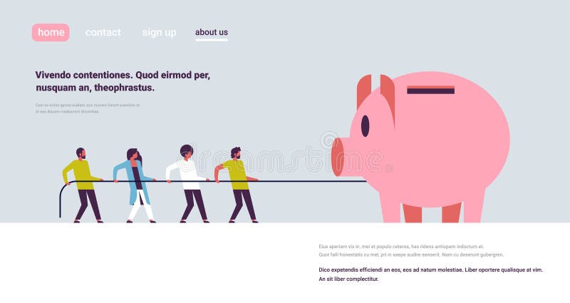 People team pulling rope piggy bank money growth concept cartoon character man woman teamwork banner copy space flat stock illustration