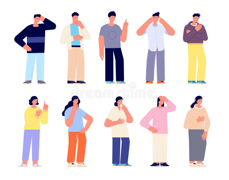 People think. Isolated thinking man, decision of adult person. Female touching head, finding idea or solution. Men stock illustration