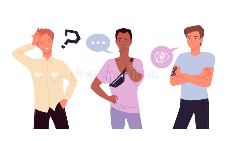 People think set, confused young guy characters standing and thinking with question mark vector illustration
