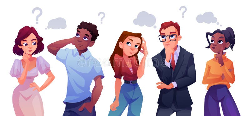 People thinking on question, wondering characters royalty free illustration