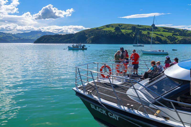 People on a tour boat in Akaroa Harbour, New Zealand