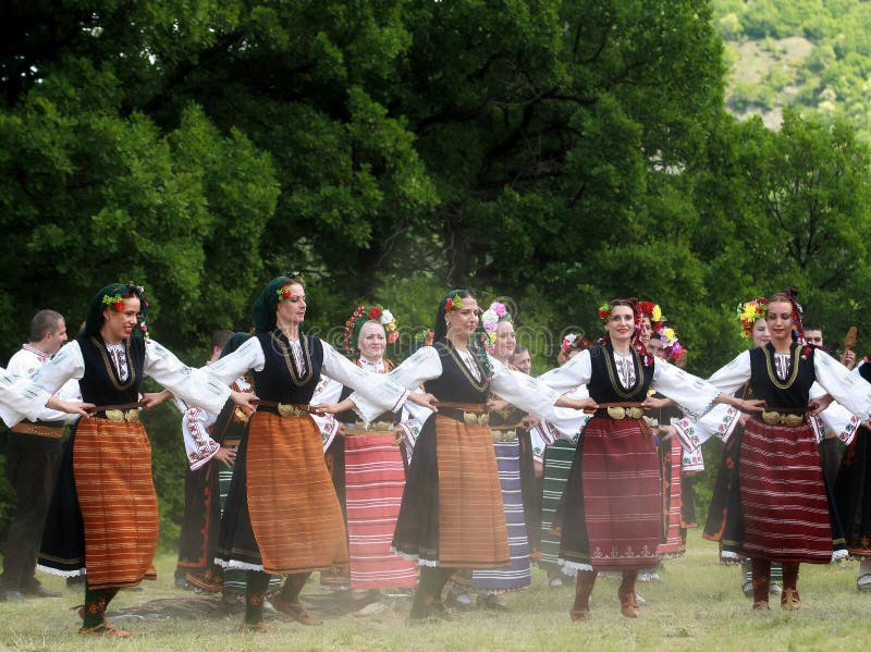 People in Traditional Costumes Dance Bulgarian Horo a Meadow Editorial ...