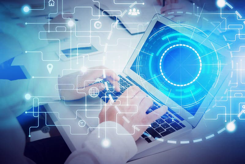 People typing in office, big data interface stock images