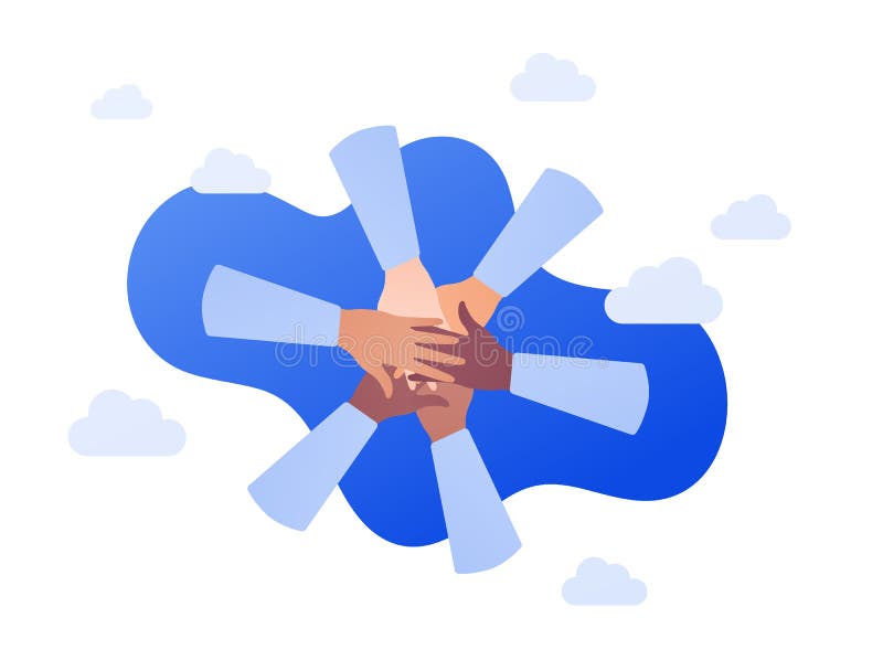 People unity and diversity concept. Vector flat illustration. Multicultural circle of human hands on blue sky background. African. American, caucasian and mixed vector illustration