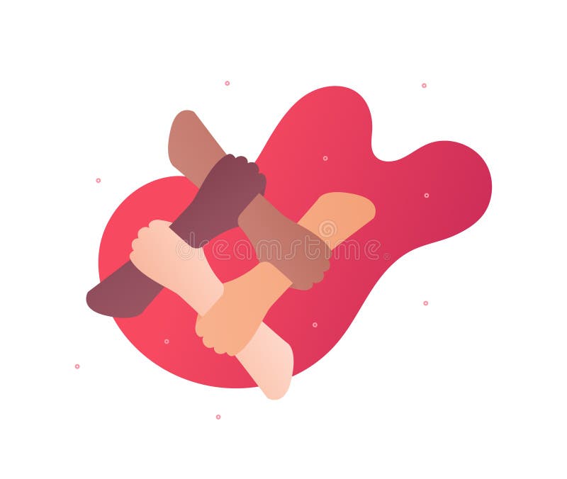 People unity and diversity concept. Vector flat illustration. Multicultural human hand hold and support on red background. African. American, caucasian and royalty free illustration