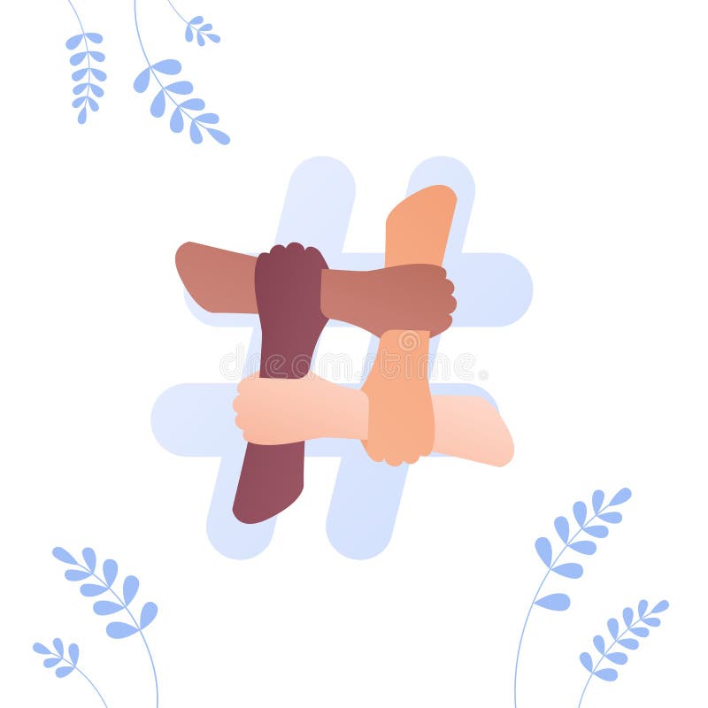 People unity and diversity concept. Vector flat illustration. Multicultural human hand hold and support on white background. African american, caucasian and stock illustration