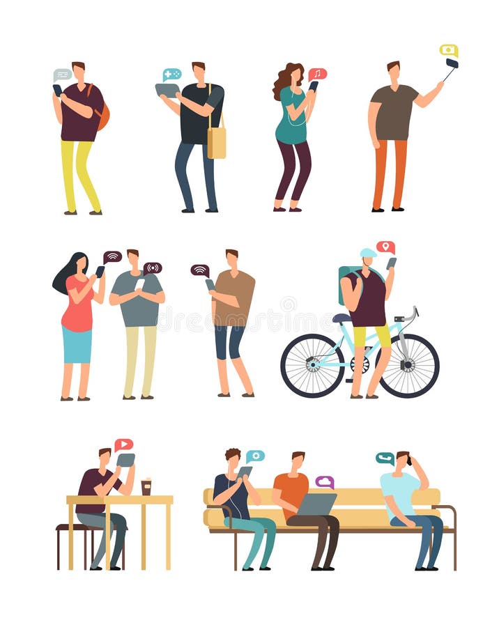 People using cellphone, mobile internet and smartphone addiction vector concept. Cartoon vector characters royalty free illustration