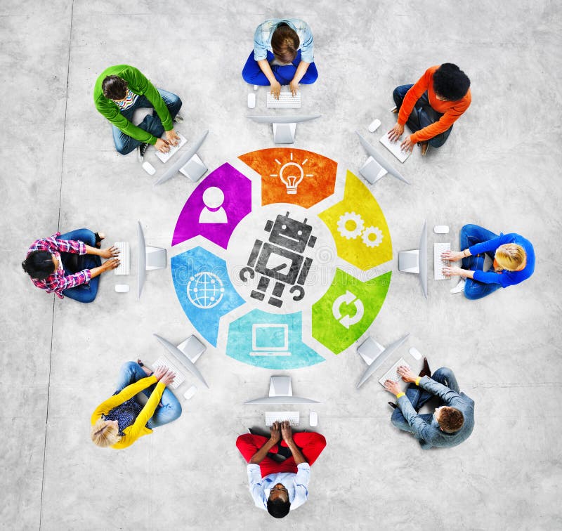 People Using Computer with Robot Symbol stock illustration