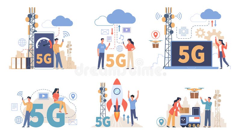People using 5g. Users of network options, urban wireless technologies, high speed environment, transmitter towers royalty free illustration