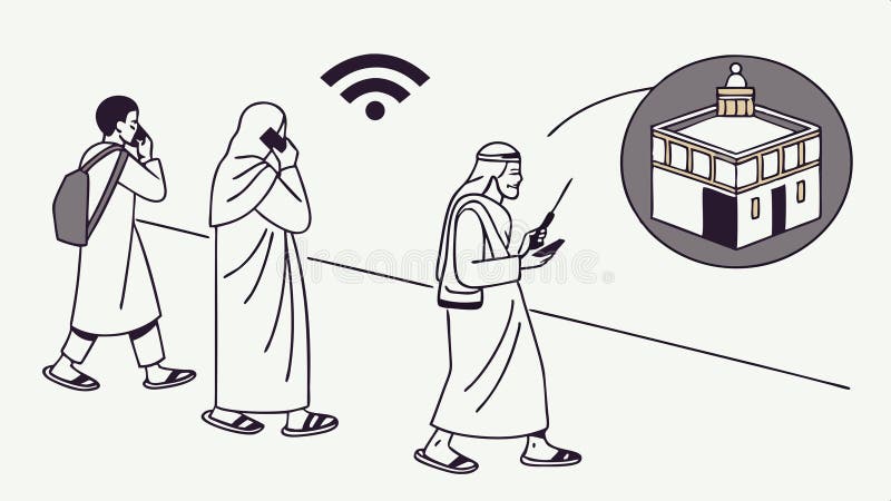People using mobile mosque finder, depicting tech and religious practice vector design Generative AI stock illustration