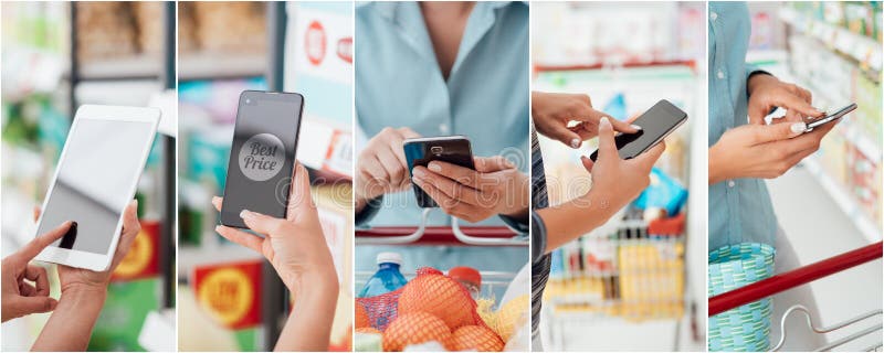 Lidé nakupování v supermarketu, jsou kontrola výrobků a nabízí on-line pomocí tablety a smartphony, obrázky, koláže.