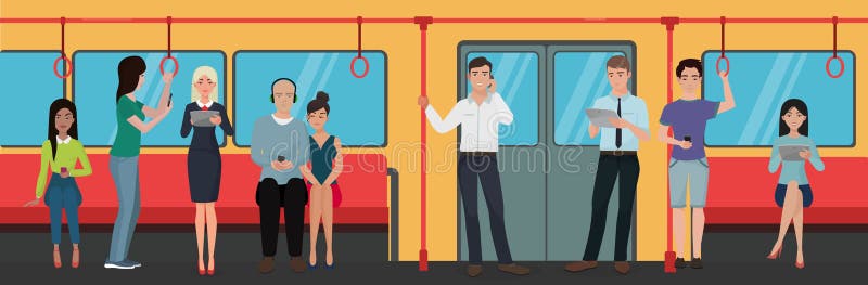 People using smartphone phones in subway train public transport.
