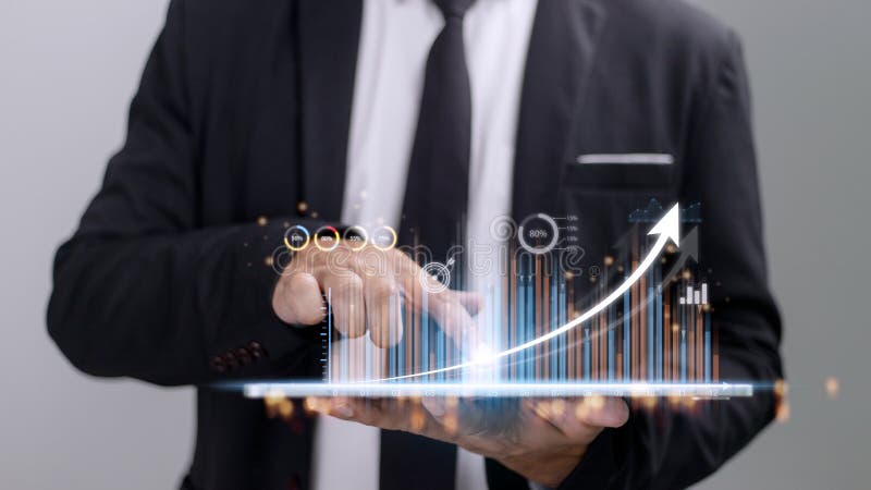 People using tablets And using his finger to touch the screen With a business graph showing up in a virtual screen. New startup royalty free illustration