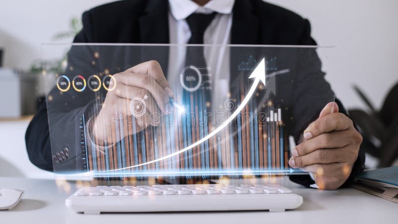 People using tablets And using his finger to touch the screen With a business graph showing up in a virtual screen. New startup vector illustration