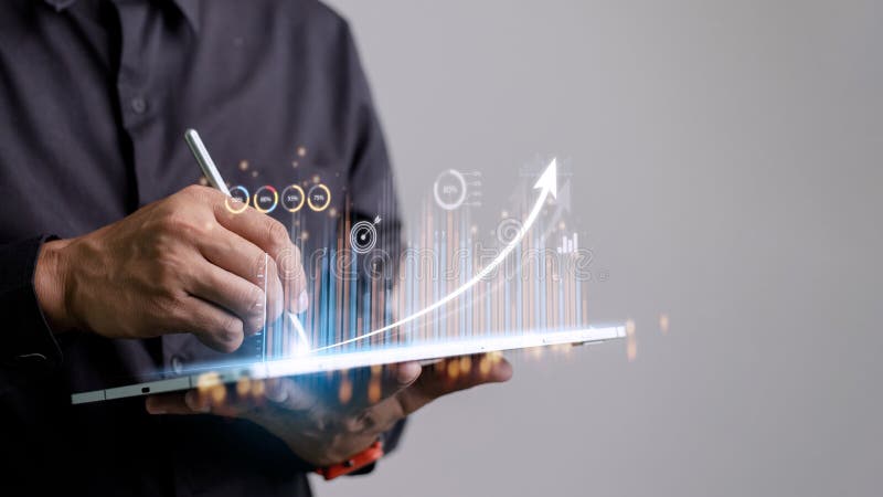 People using tablets And using his finger to touch the screen With a business graph showing up in a virtual screen. New startup vector illustration