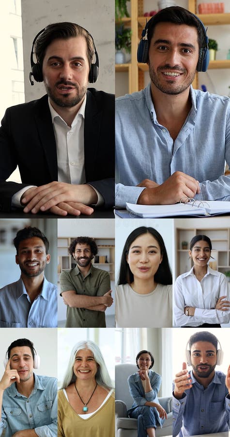 People using videoconference app take part in virtual meeting, collage royalty free stock photos
