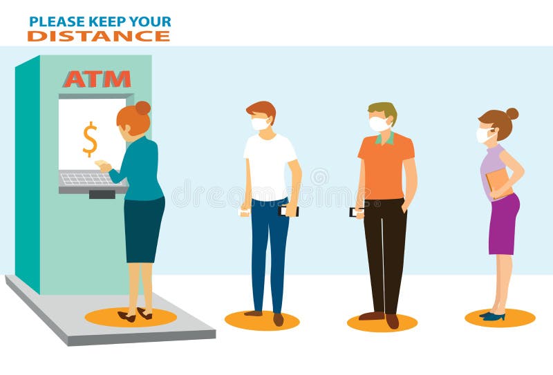 People Waiting in Line and Keep Distance at Atm Machine To Get Money. Stock  Vector - Illustration of infection, disease: 185723272