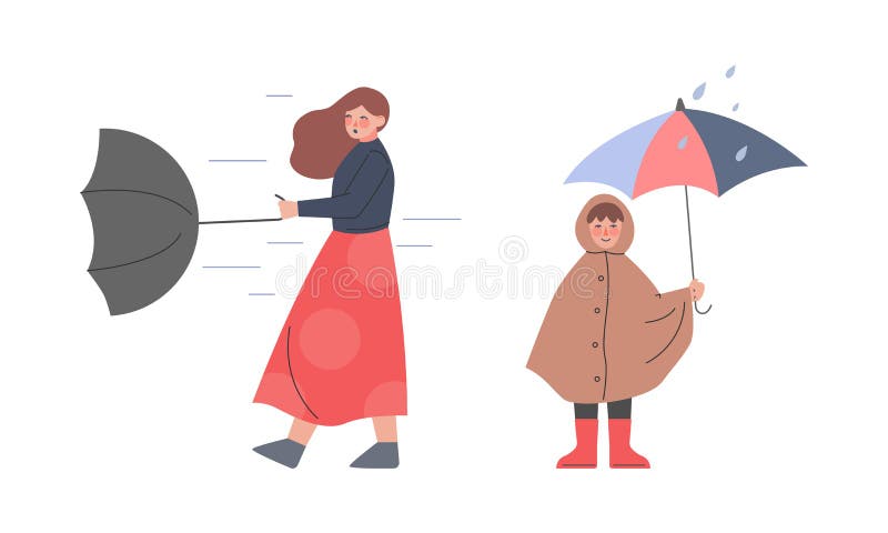 People Walking Under Umbrellas at Rainy and Windy Weather Cartoon