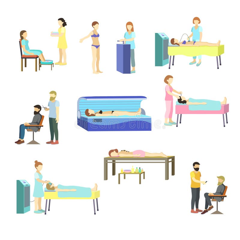 People watch their appearance and come to do cosmetology procedures, make a haircut, pedicure, manicures, etc. stock illustration People watch their appearance and come to do cosmetology procedures, make a haircut, pedicure, manicures, etc. stock illustration