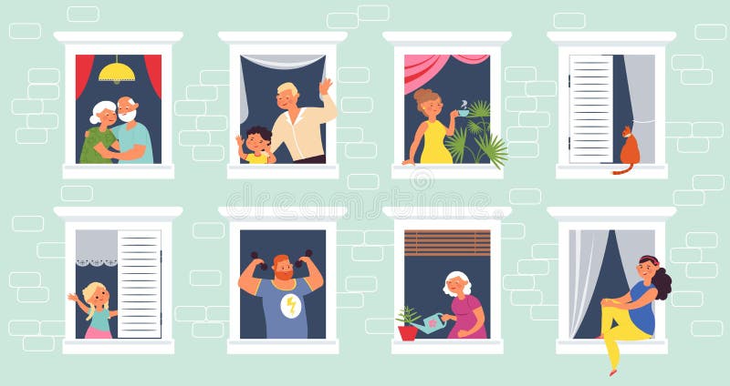 People in windows. Home open window, old person looking out from house. Apartment community, self safety time or