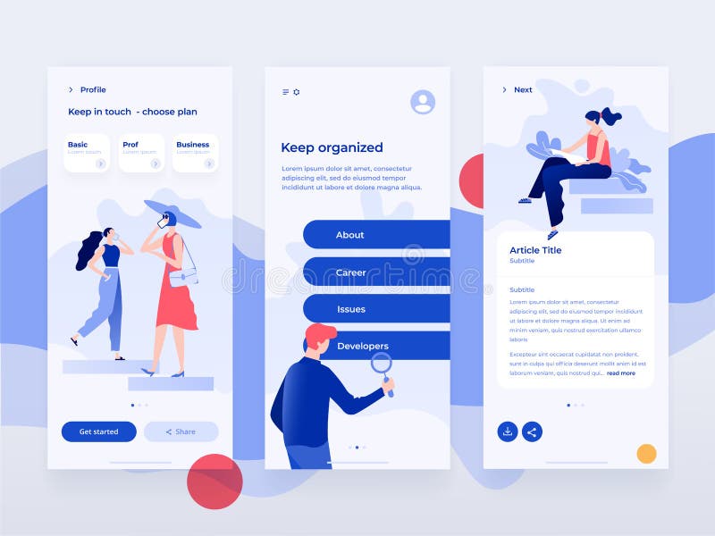 People work and interacting with devices. Data analysis and office situations. Flat illustration. Mobile app template. stock illustration