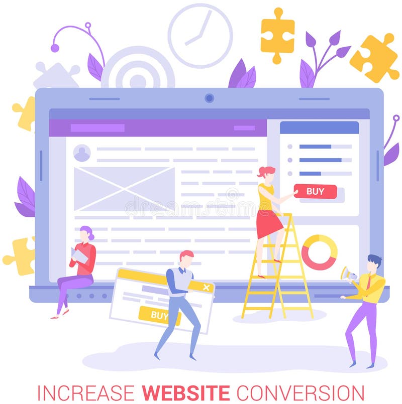 People work on website development. Seo optimization, increase webpage for online sales conversion vector illustration