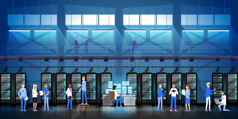 People Working In Data Center Room Hosting Server Computer Monitoring Information Database Flat Vector Illustration royalty free illustration People Working In Data Center Room Hosting Server Computer Monitoring Information Database Flat Vector Illustration royalty free illustration