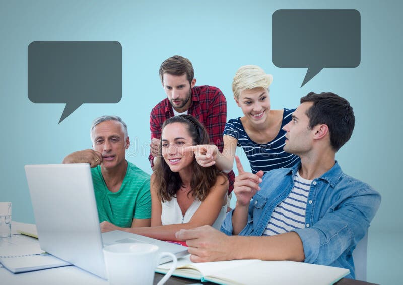 Digital composite of People working in office with empty chat bubbles