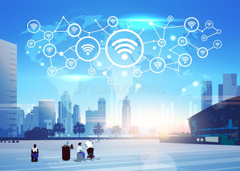 People world map internet wireless technology icon network futuristic interface online wifi connection concept skyline vector illustration People world map internet wireless technology icon network futuristic interface online wifi connection concept skyline vector illustration