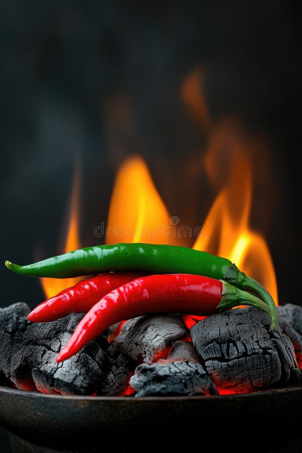 Peperoncini vibranti al peperoncino si infiammano sullo sfondo scuro. illustrazione vettoriale