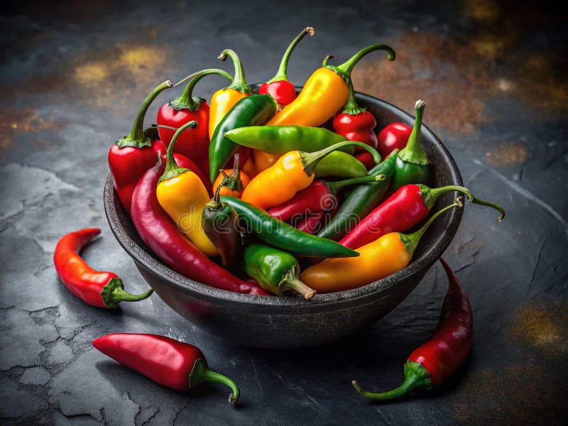 Peperoncini vivi in una ciotola nera d'annata, una festa colorata per gli occhi e il palato con una illustrazione vettoriale