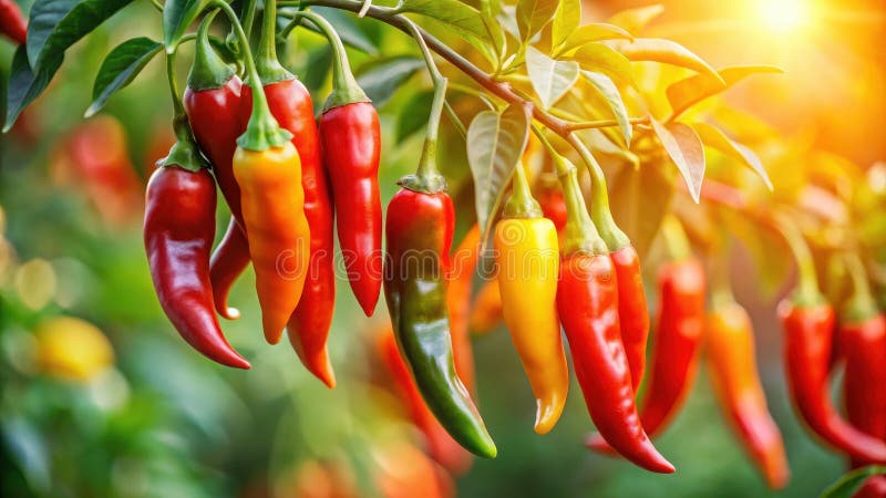 Peperoni di peperoncino vibranti che si aprono sulla pianta al caldo sole. Generative AI royalty illustrazione gratis