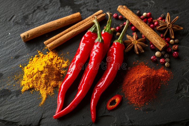 Peperoni di peperoncino vibranti circondati da una serie di spezie come coriandolo di curcuma e cannella illustrazione vettoriale