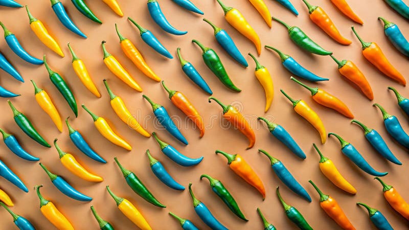 Peperoni di peperoncino vibranti disposti in modo colorato su uno sfondo neutro. Generative AI. Operatività creativa Generative AI.
