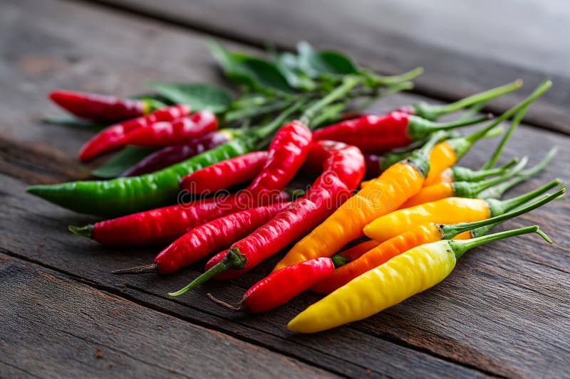 Peperoni di peperoncino vibranti su ingredienti speziati in tavolette di legno in un ambiente naturale Generato dall'IA royalty illustrazione gratis