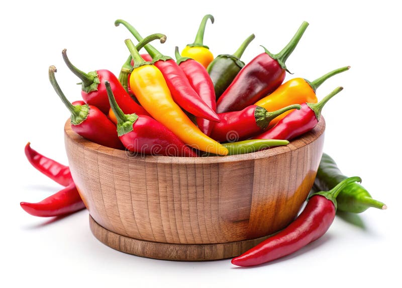 Peperoni di peperoncino vibranti in una Coppa di legno di Rustic Una vita di cucina chiusa contro uno sfondo bianco di Pristina illustrazione vettoriale