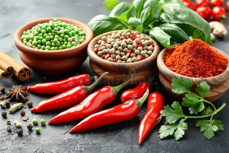 Peperoni di peperoncino vibranti in una selezione di spezie, tra cui coriandolo di curcuma e cannella illustrazione vettoriale