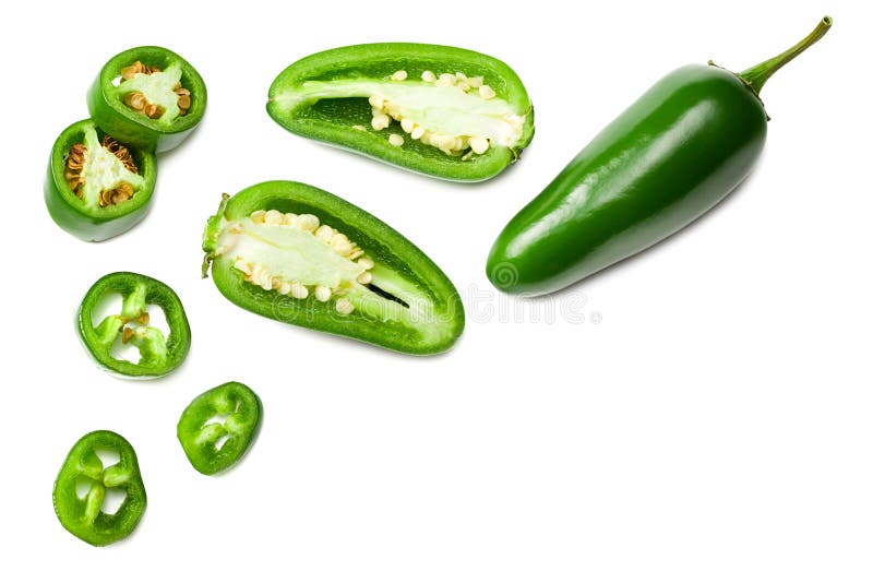 Sliced jalapeno peppers isolated on white background. Green chili pepper. Capsicum annuum. top view. Sliced jalapeno peppers isolated on white background. Green chili pepper. Capsicum annuum. top view