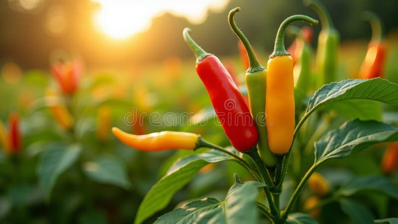 Peperoni peperoncini vivi in campo illuminato dal sole illustrazione di stock