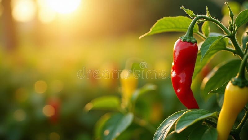 Peperoni peperoncini vivi in campo illuminato dal sole illustrazione di stock