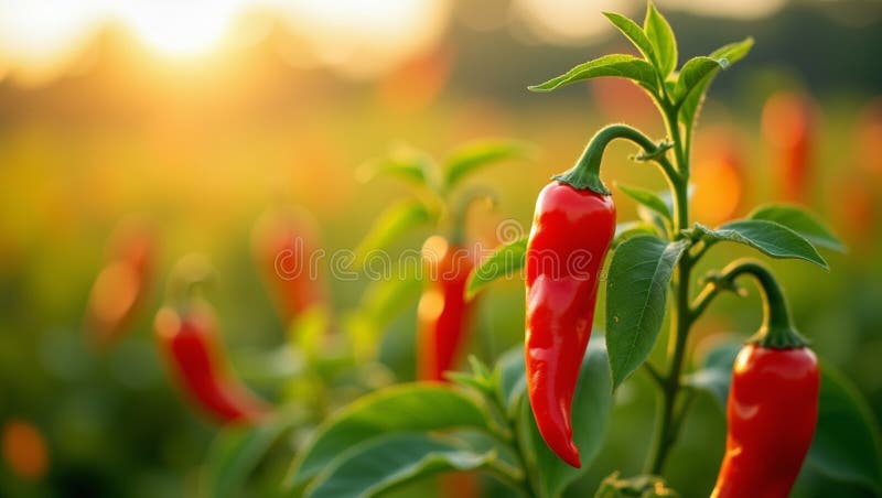 Peperoni peperoncini vivi in campo illuminato dal sole illustrazione di stock